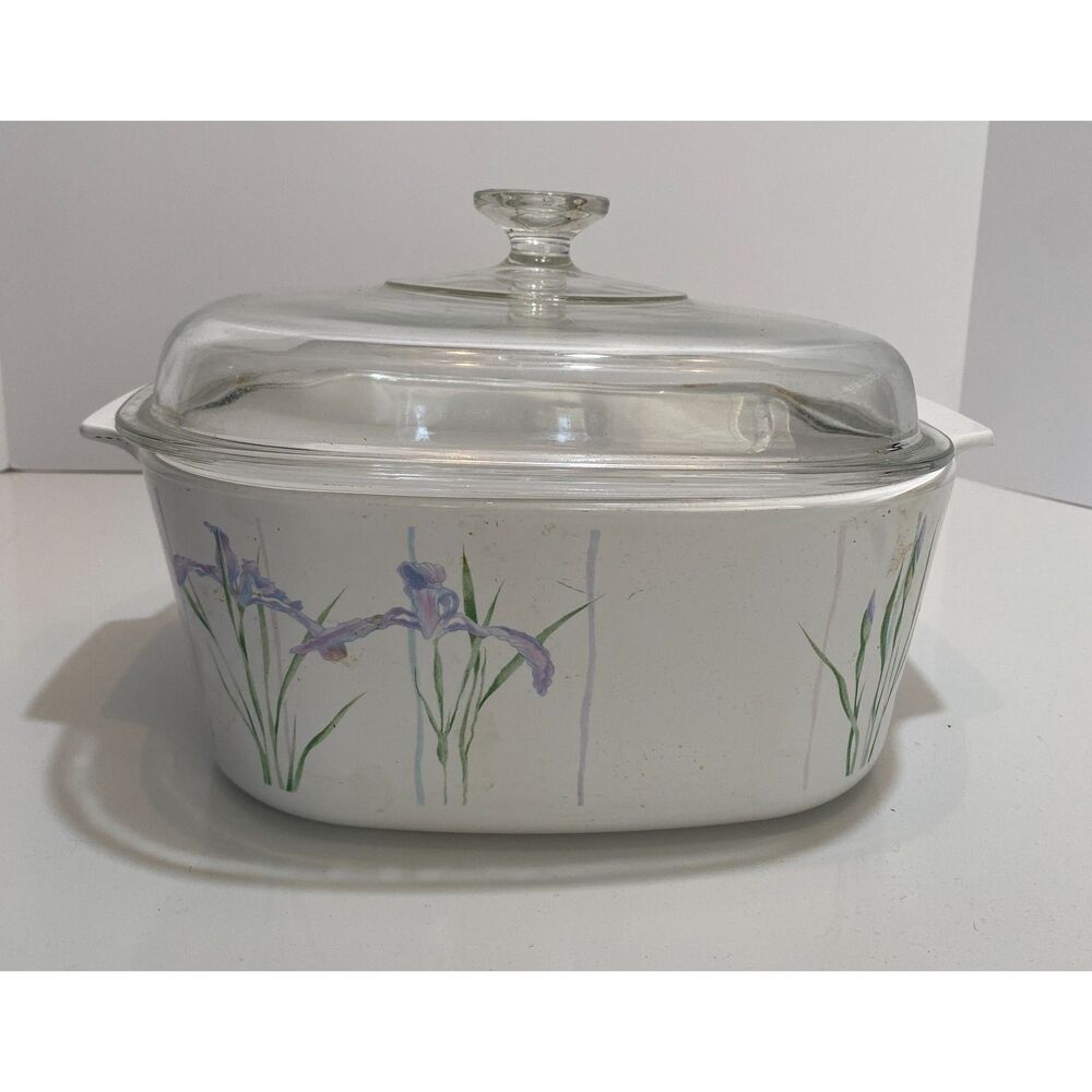 CorningWare 5 Qt Cassarole Dish w/lid A-5-B Iris Blue Purple Flowers USA Made